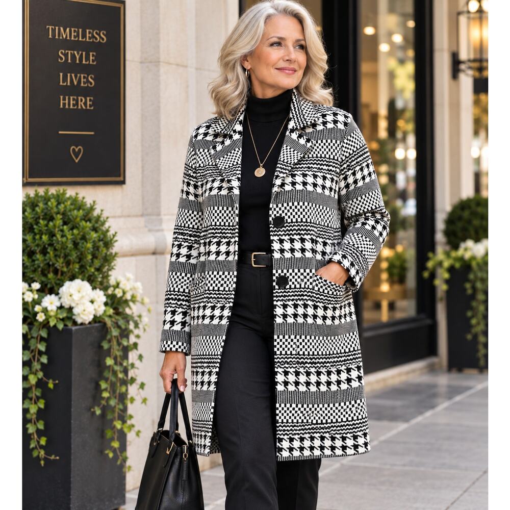Society Club Houndstooth Coatigan Women L Black White NWT - Picture 6 of 8